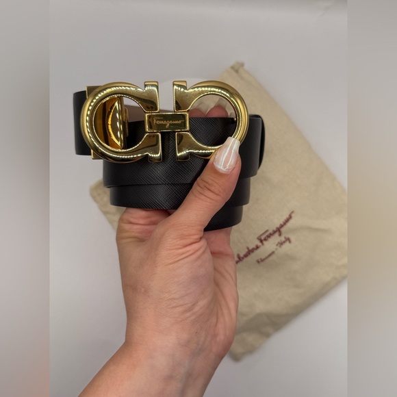 Salvatore Ferragamo Black and Tan Belts with Iconic Gold Buckles - Picture 3 of 6